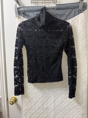 Sheer Black Lace Turtleneck Long-Sleeve Top